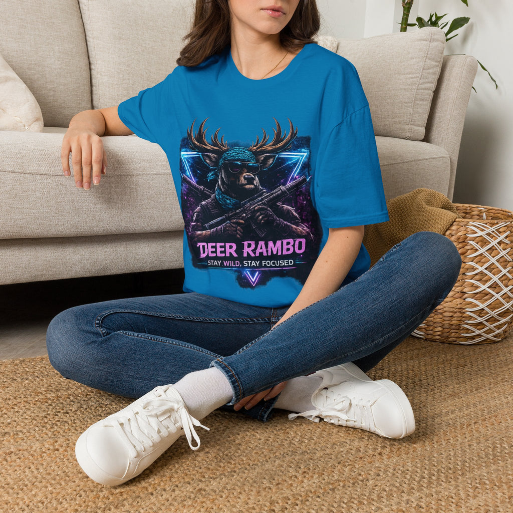 Deer Rambo Graphic T-Shirt — Neon Retro Buck Hunting Tee