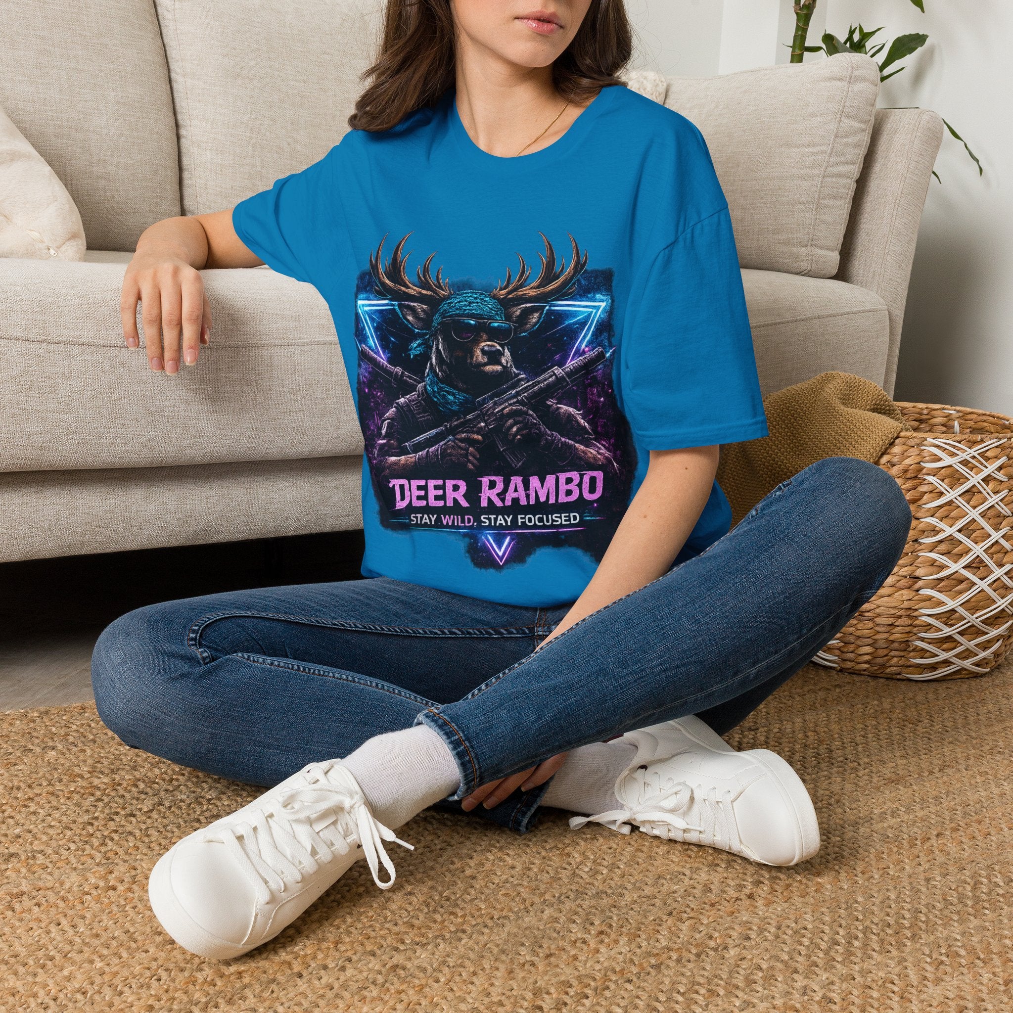 Deer Rambo Graphic T-Shirt — Neon Retro Buck Hunting Tee