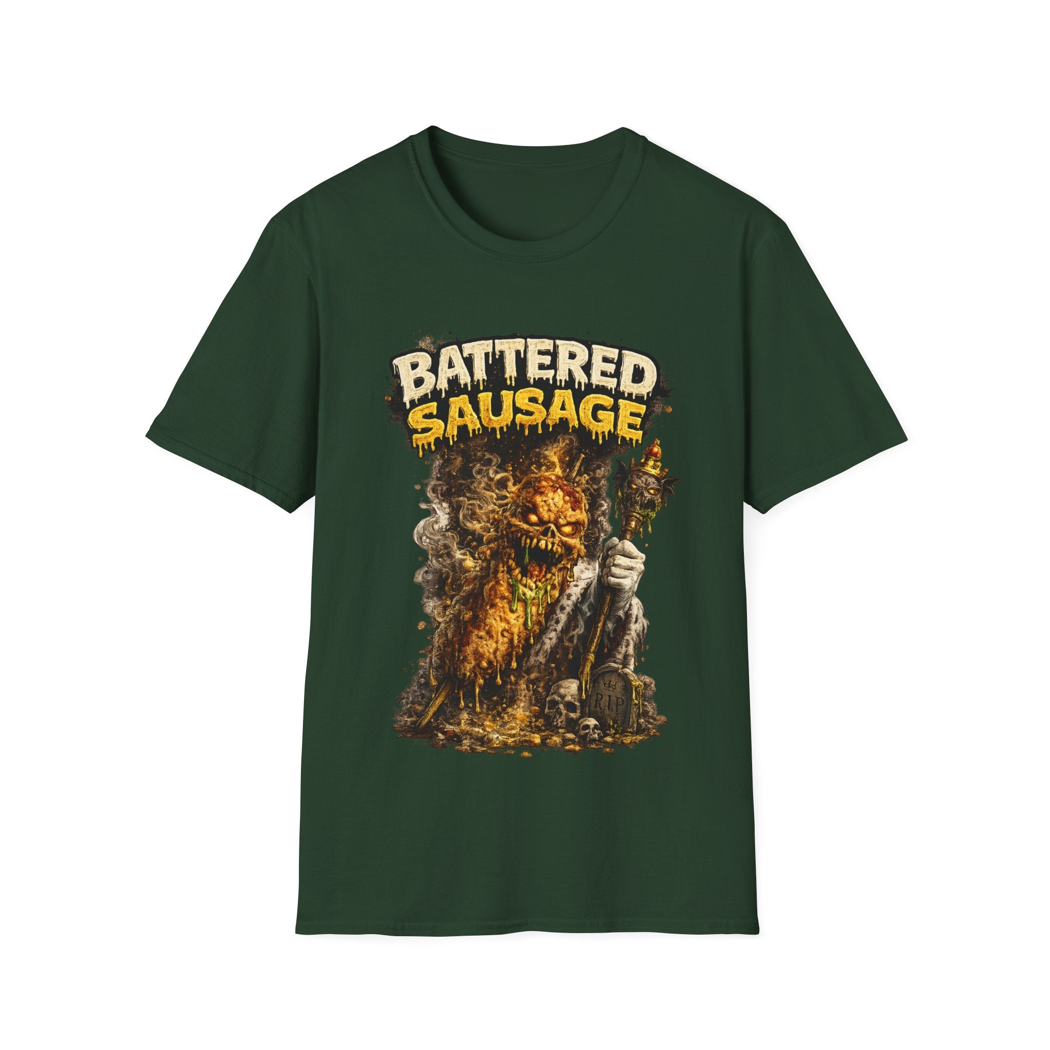 Battered Sausage Graphic T‑Shirt — Flaming Horror Band Tee