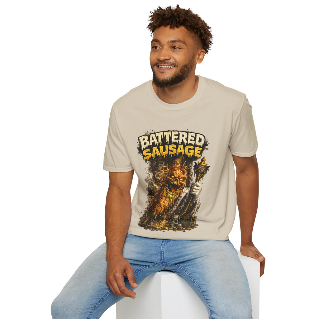 Battered Sausage Graphic T‑Shirt — Flaming Horror Band Tee