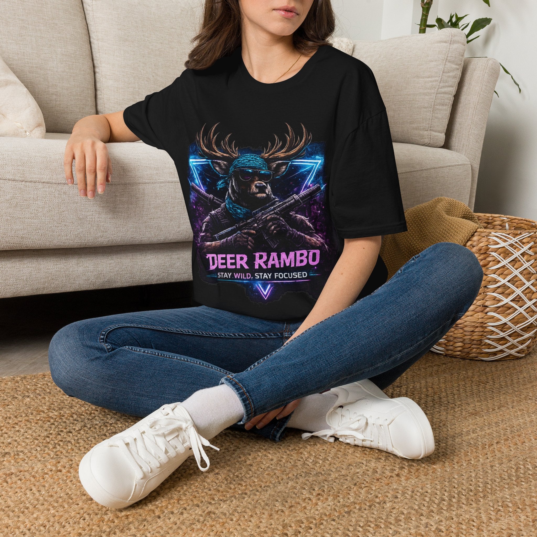 Deer Rambo Graphic T-Shirt — Neon Retro Buck Hunting Tee