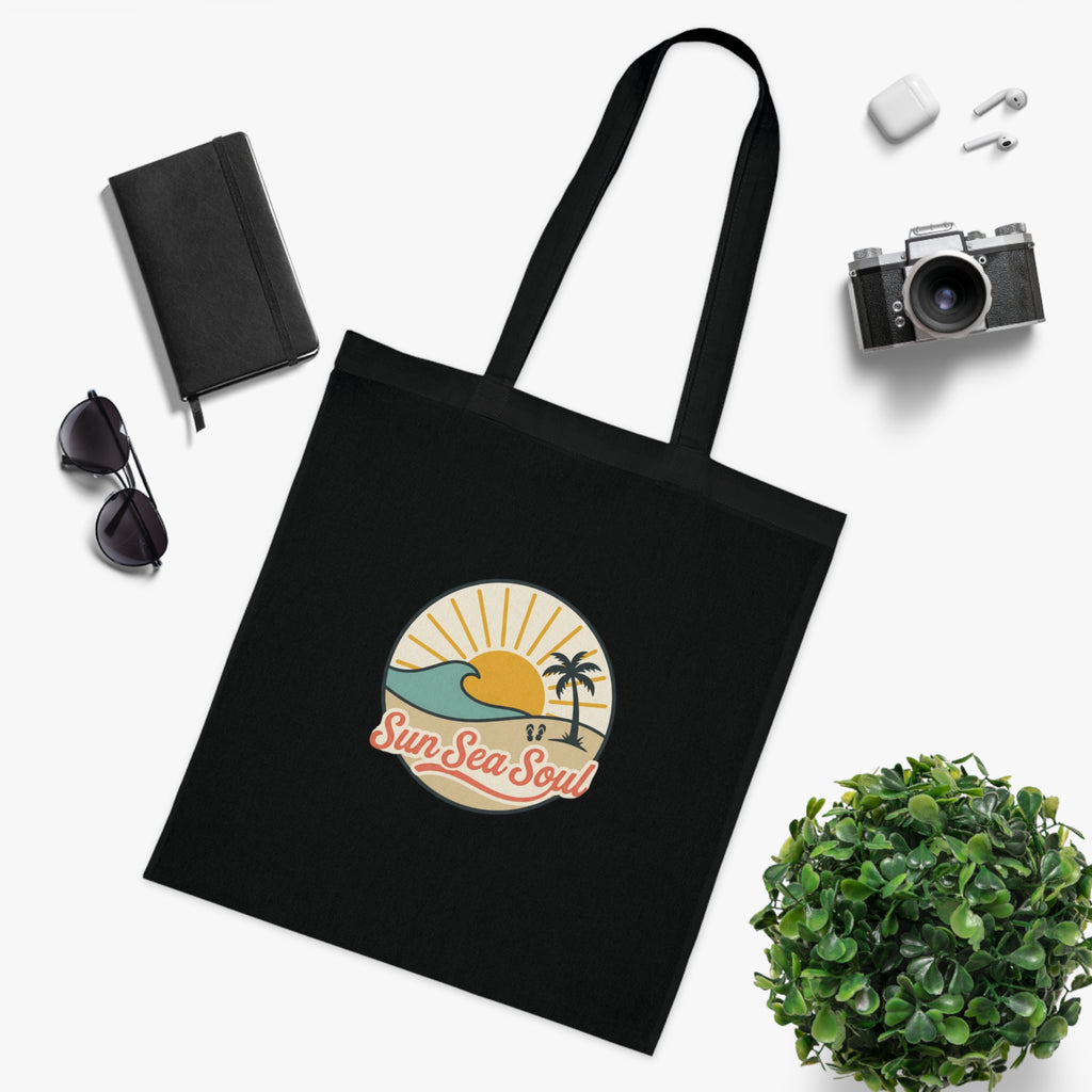 Sun Sea Soul Cotton Tote — Retro Beach Sunrise Tote Bag