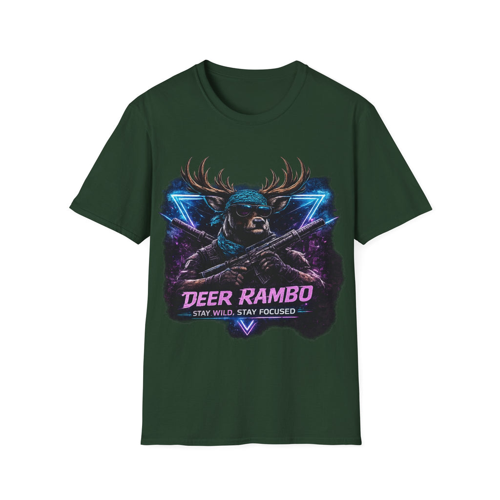 Deer Rambo Graphic T-Shirt — Neon Retro Buck Hunting Tee