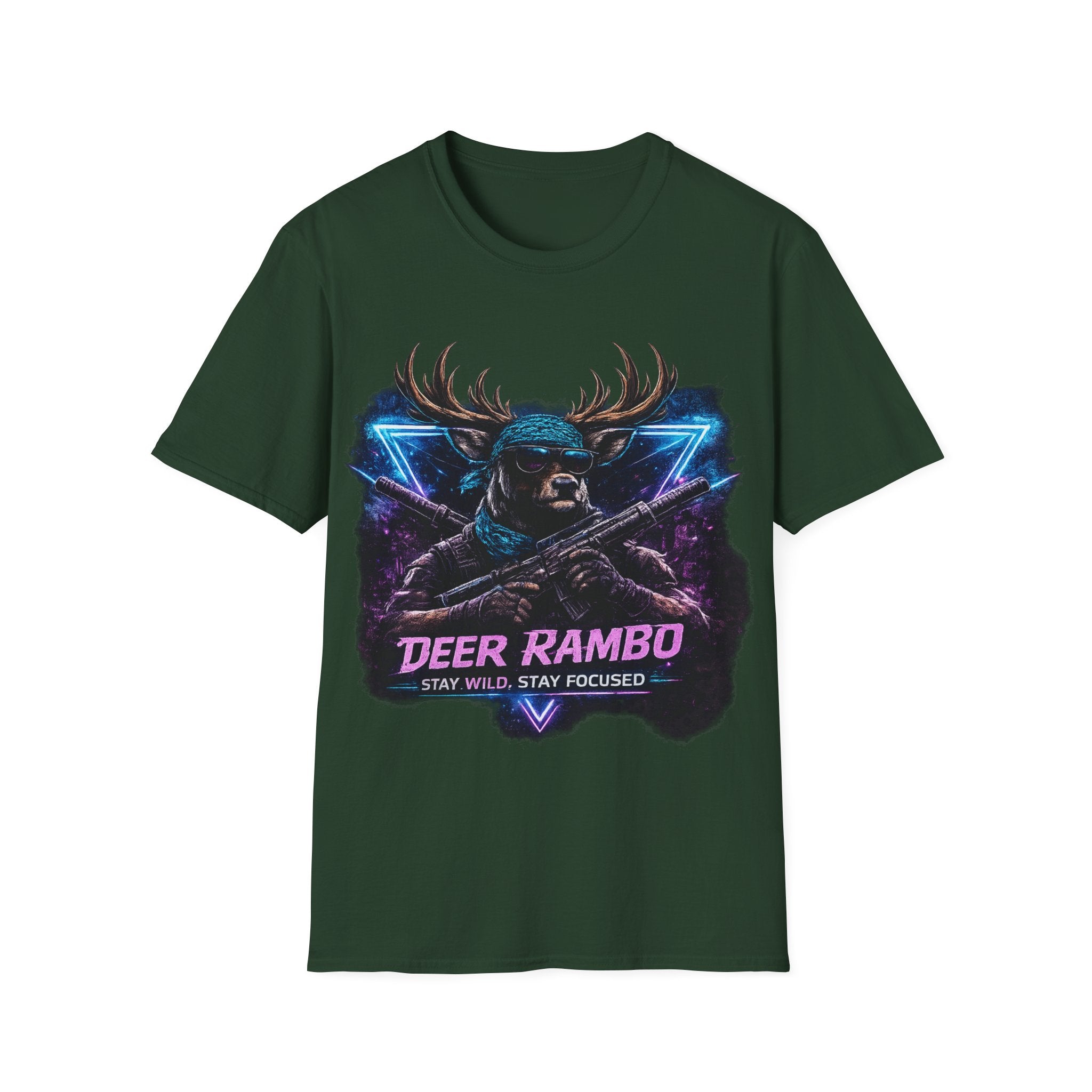 Deer Rambo Graphic T-Shirt — Neon Retro Buck Hunting Tee