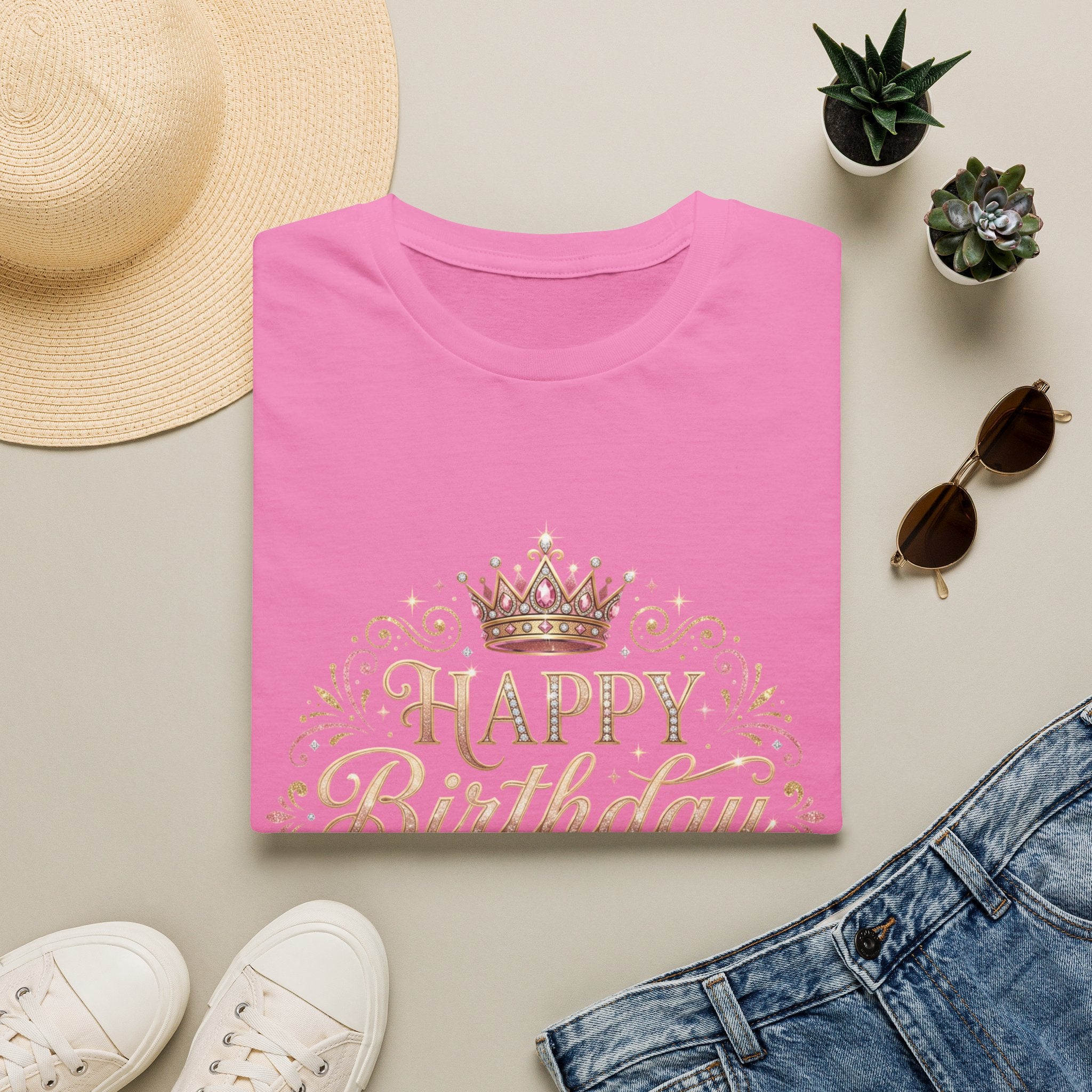 Happy Birthday Queen T-Shirt — Decorative Crown Birthday Tee for Women