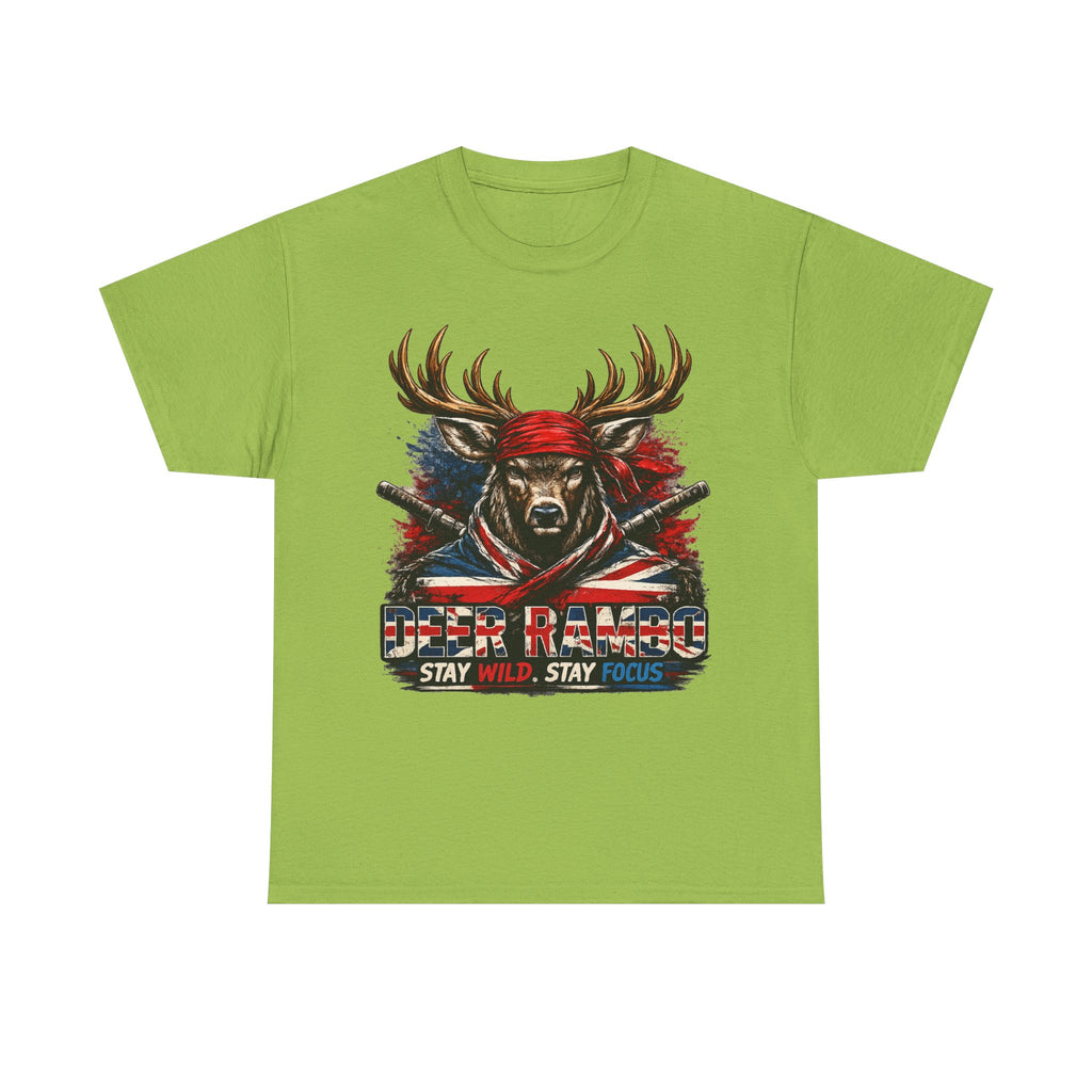 Deer Rambo Patriotic T‑Shirt — "Stay Wild, Stay Focus" Hunting Tee