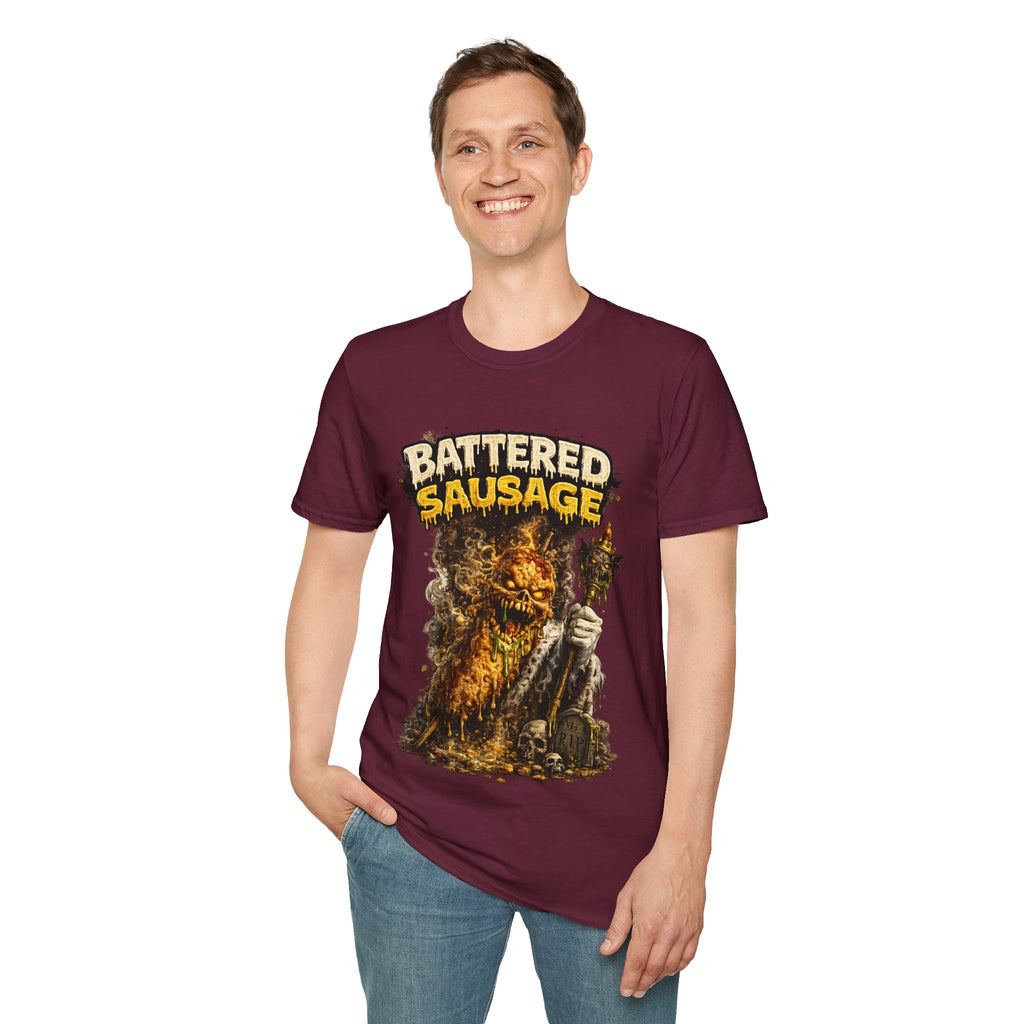 Battered Sausage Graphic T‑Shirt — Flaming Horror Band Tee