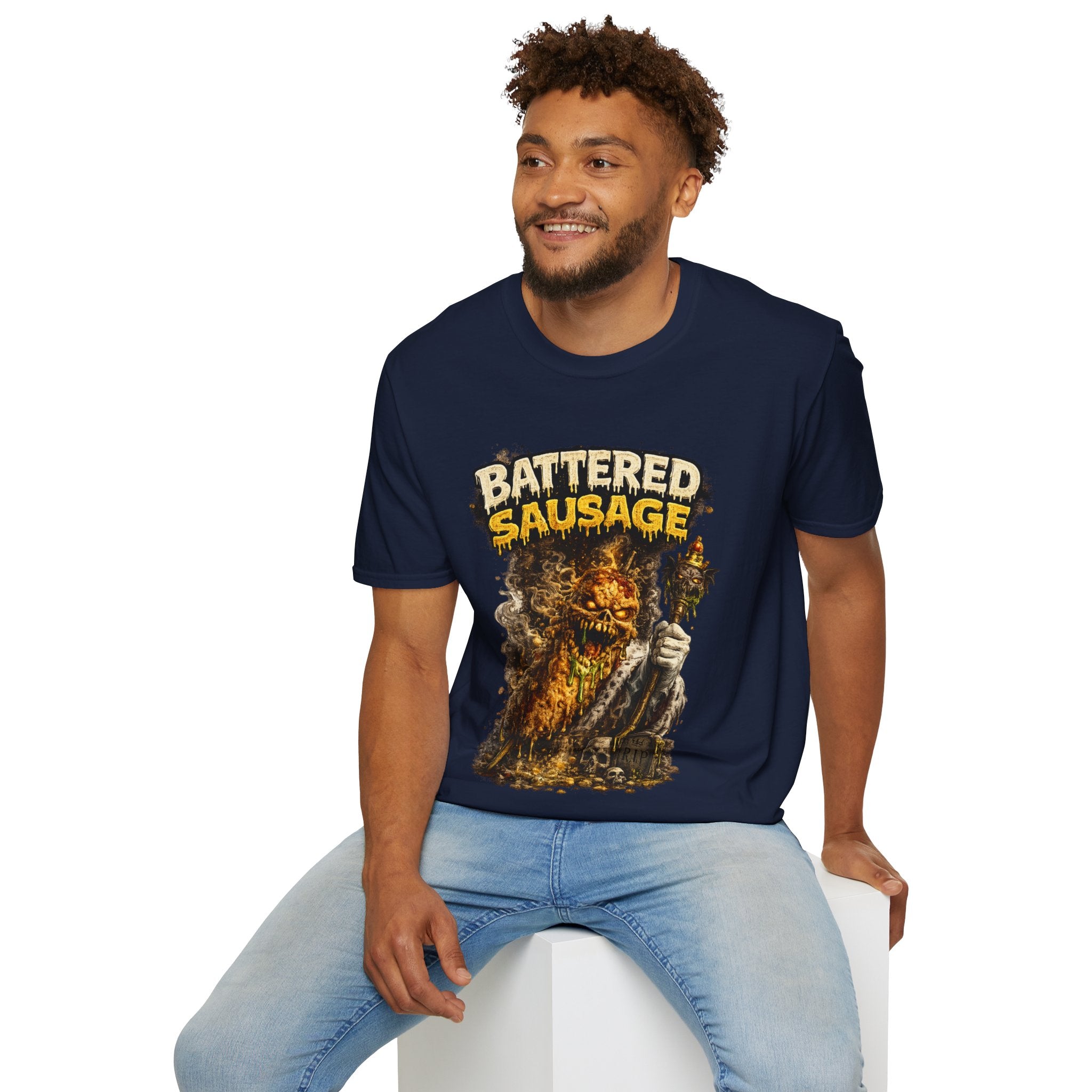 Battered Sausage Graphic T‑Shirt — Flaming Horror Band Tee