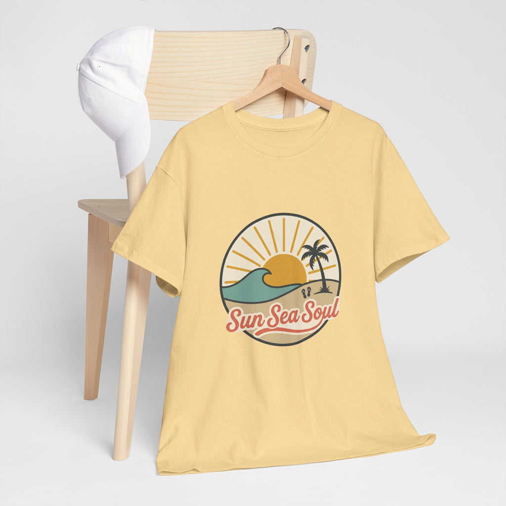Sun Sea Soul Beach T-Shirt — Retro Sunset Palm Tee