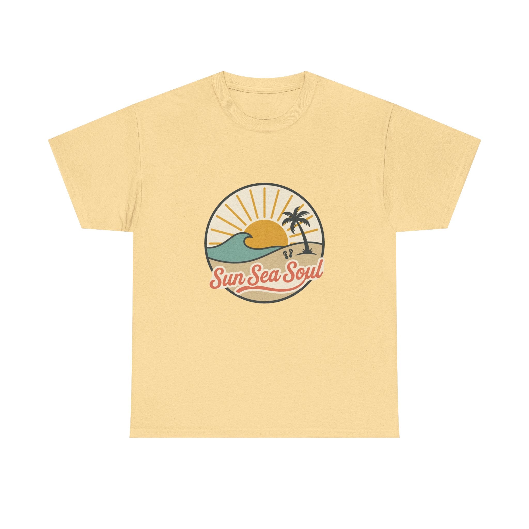 Sun Sea Soul Beach T-Shirt — Retro Sunset Palm Tee