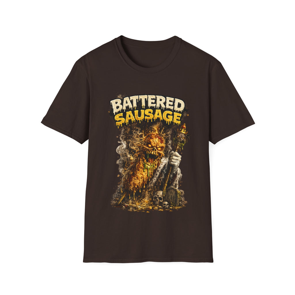 Battered Sausage Graphic T‑Shirt — Flaming Horror Band Tee