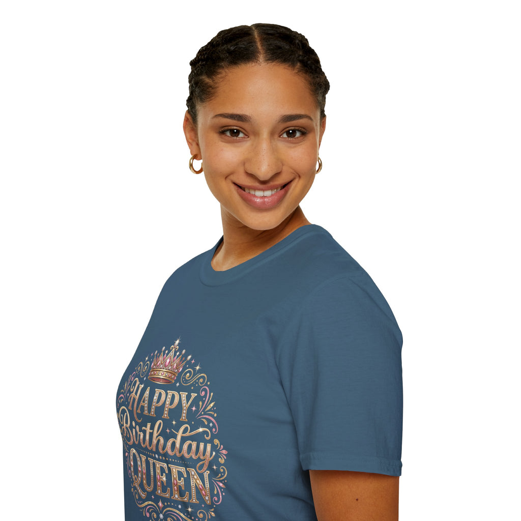 Happy Birthday Queen T-Shirt — Decorative Crown Birthday Tee for Women