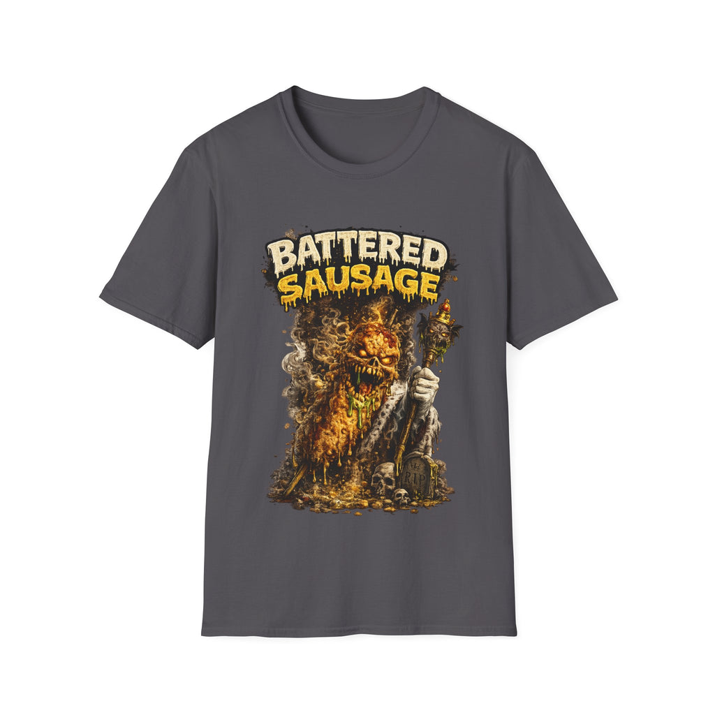 Battered Sausage Graphic T‑Shirt — Flaming Horror Band Tee
