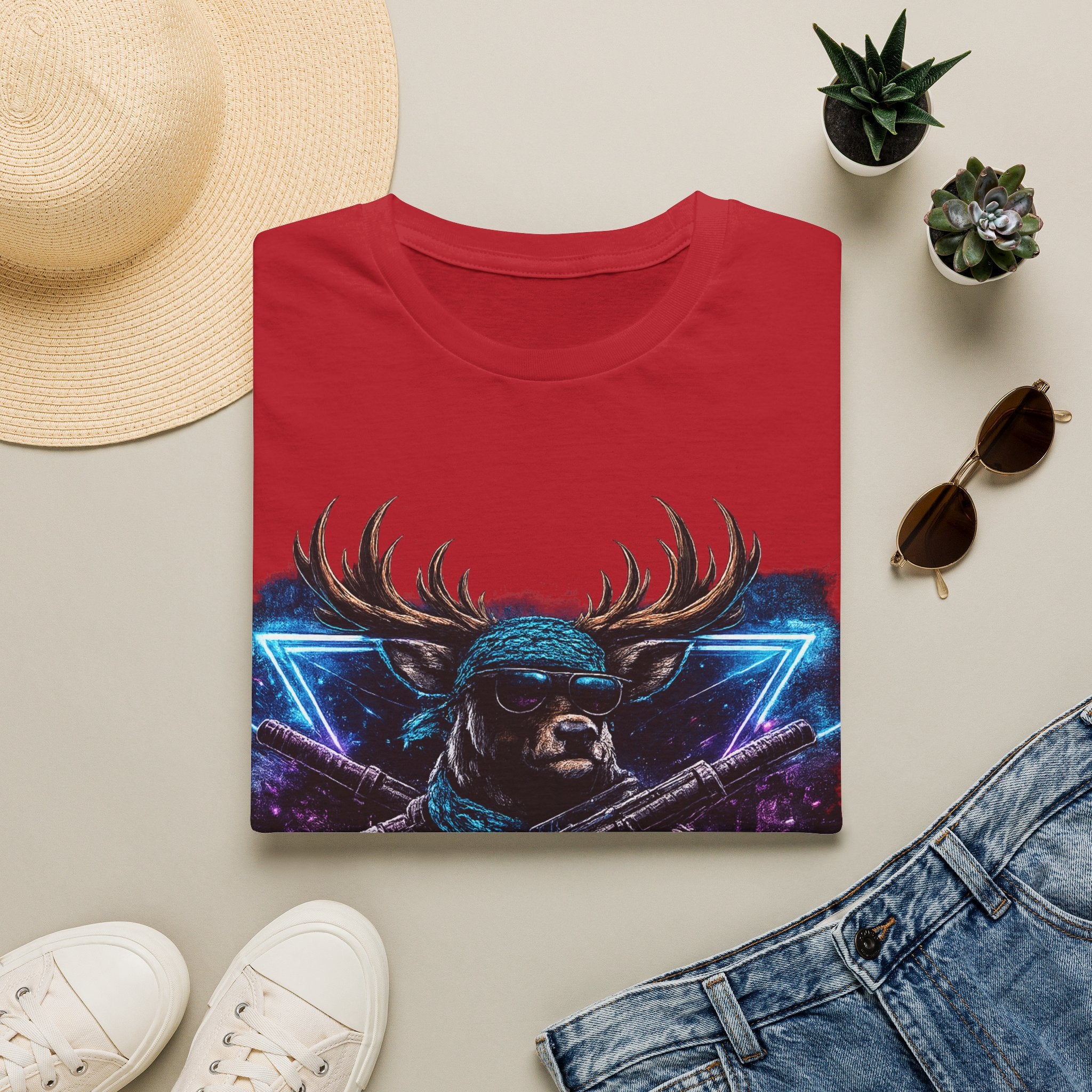 Deer Rambo Graphic T-Shirt — Neon Retro Buck Hunting Tee