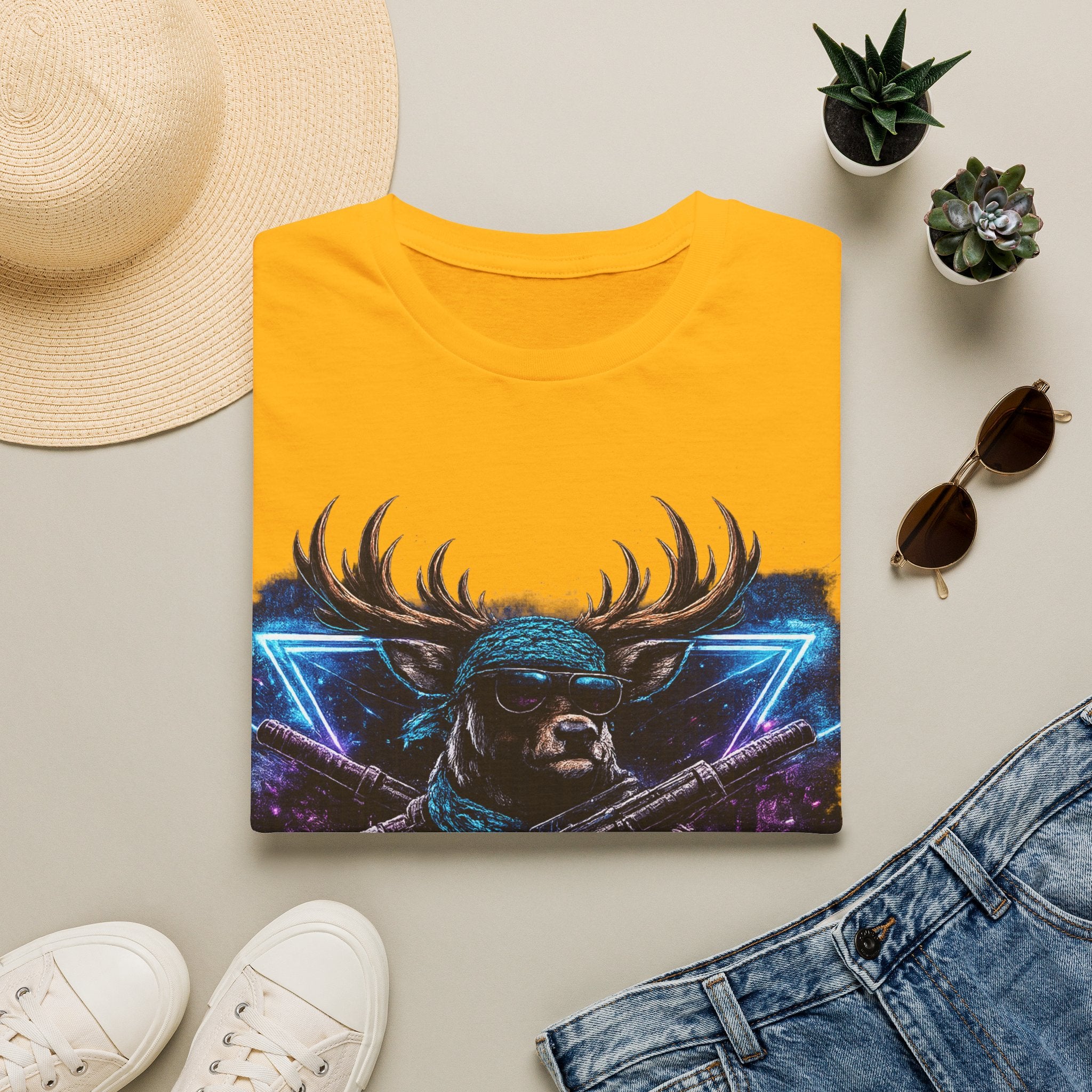 Deer Rambo Graphic T-Shirt — Neon Retro Buck Hunting Tee