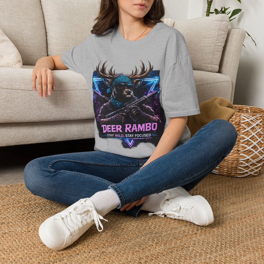 Deer Rambo Graphic T-Shirt — Neon Retro Buck Hunting Tee