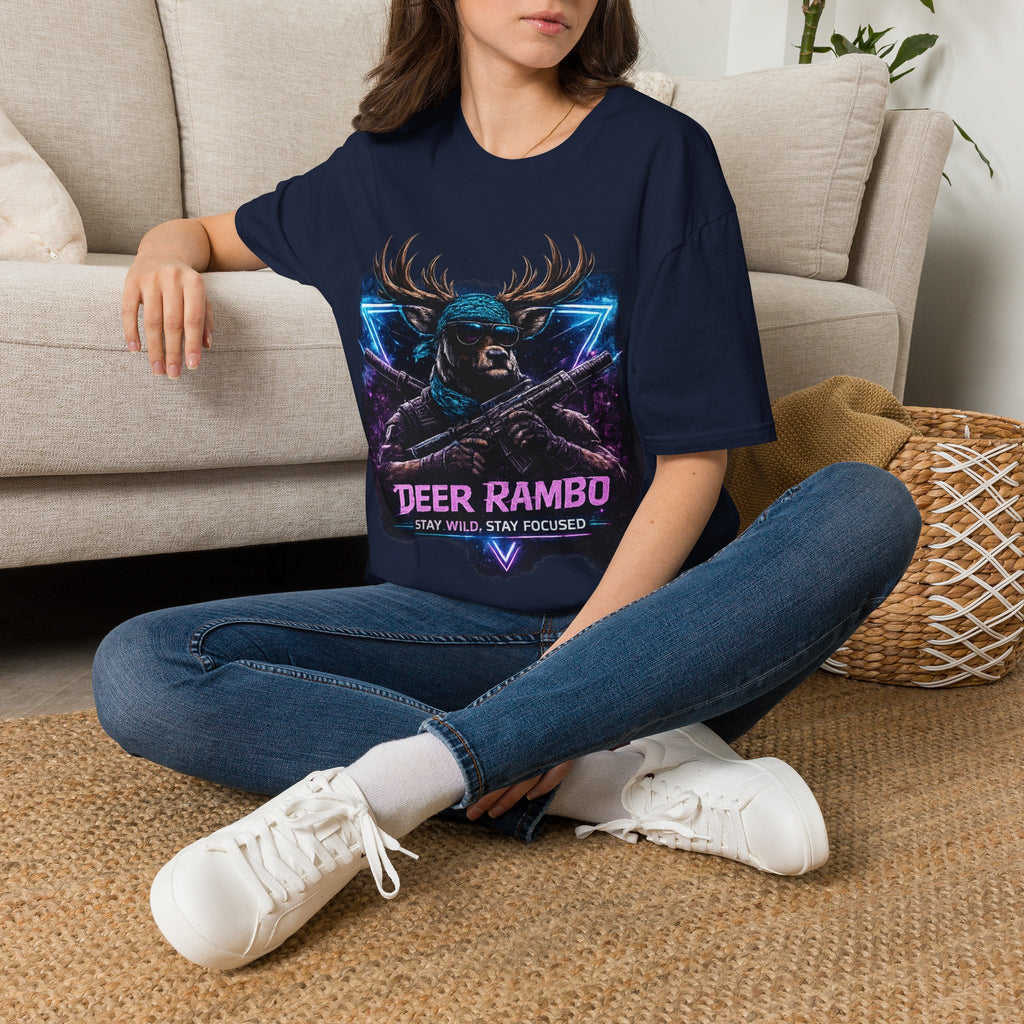 Deer Rambo Graphic T-Shirt — Neon Retro Buck Hunting Tee