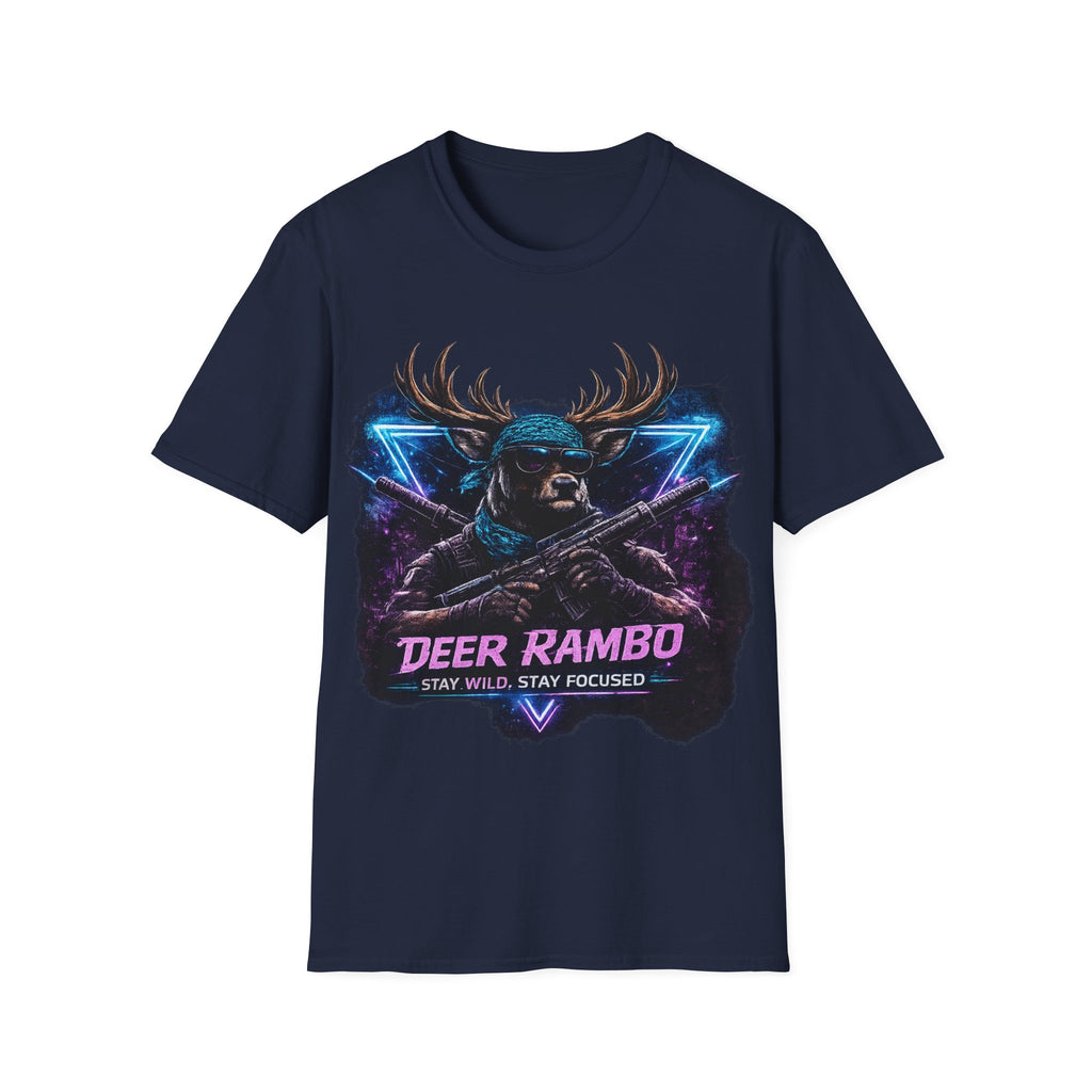 Deer Rambo Graphic T-Shirt — Neon Retro Buck Hunting Tee