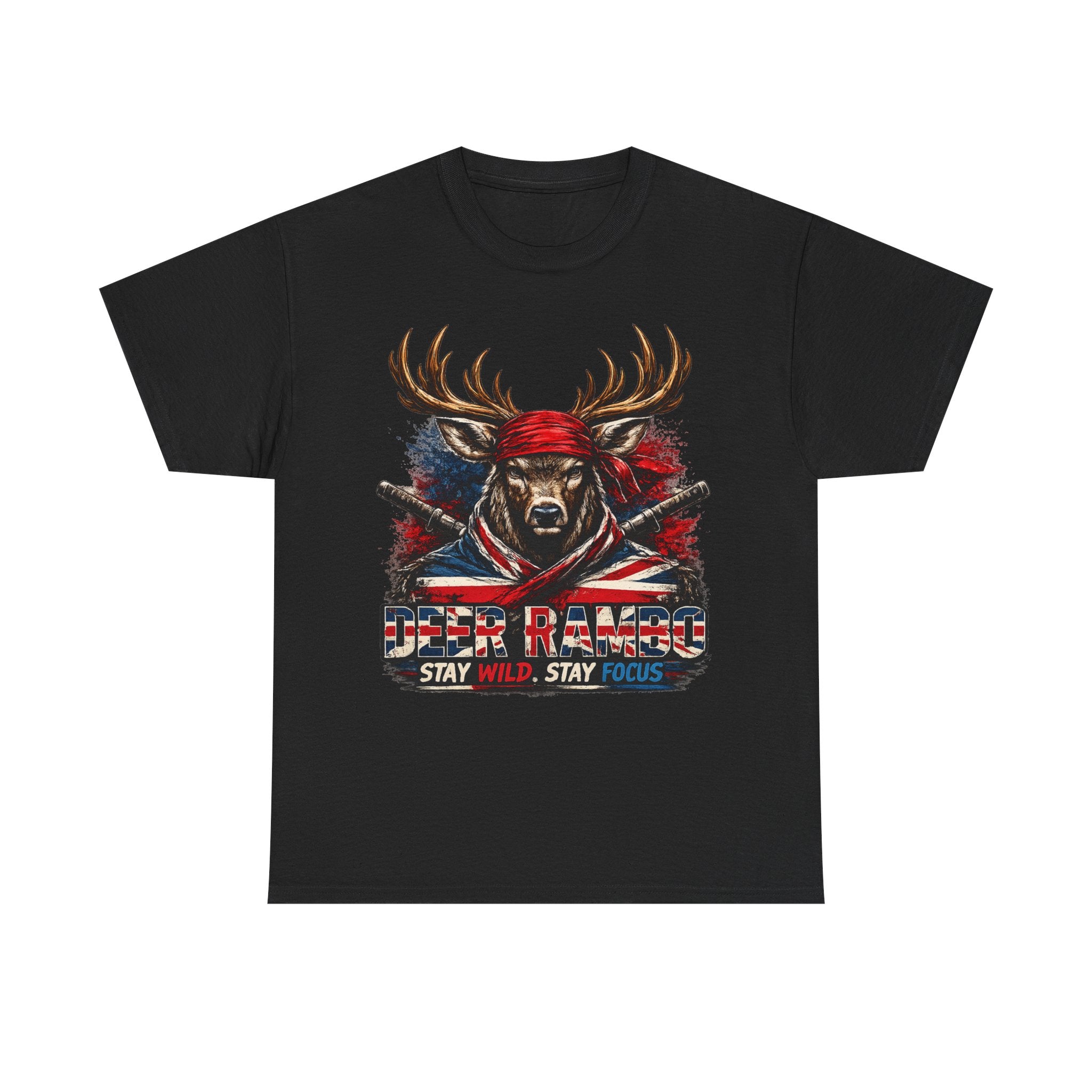 Deer Rambo Patriotic T‑Shirt — "Stay Wild, Stay Focus" Hunting Tee