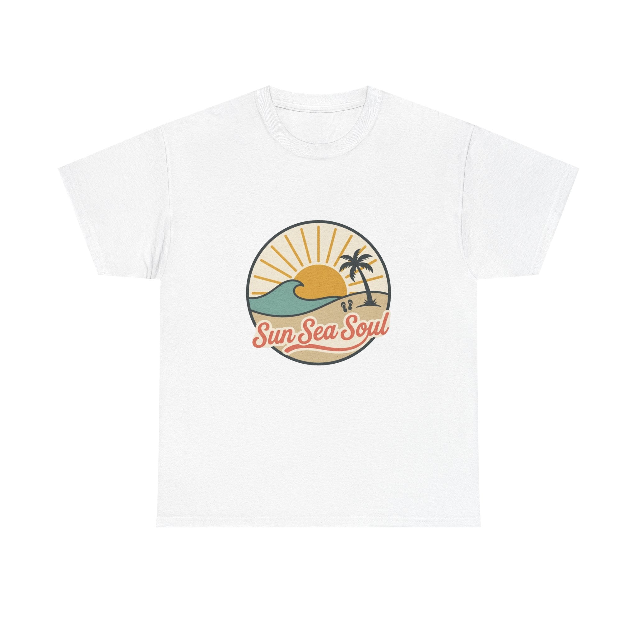 Sun Sea Soul Beach T-Shirt — Retro Sunset Palm Tee