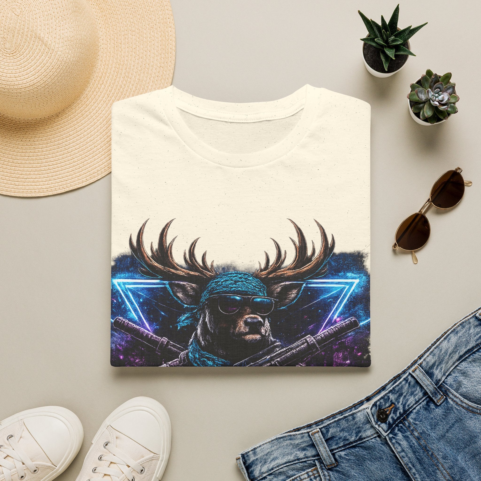Deer Rambo Graphic T-Shirt — Neon Retro Buck Hunting Tee