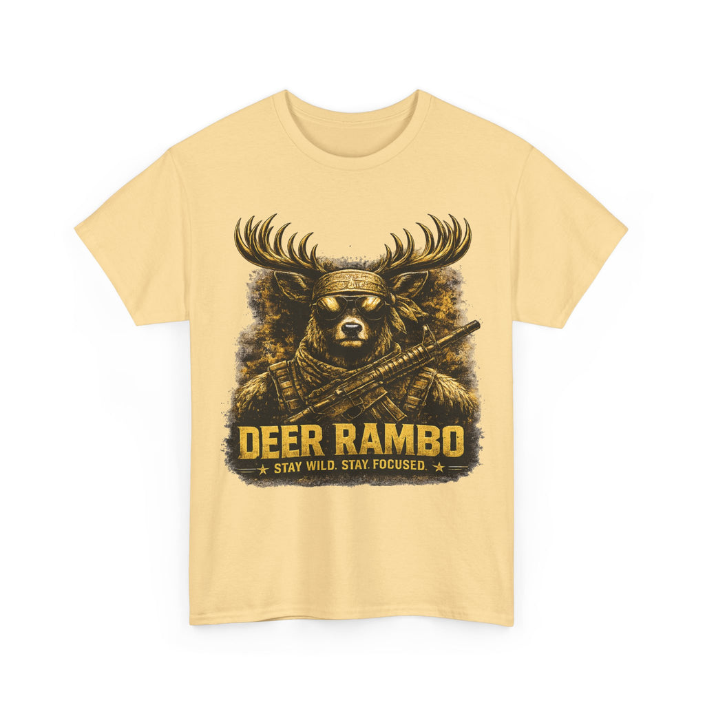 Deer Rambo Tee — 'Stay Wild, Stay Focused' Hunting Graphic T-Shirt