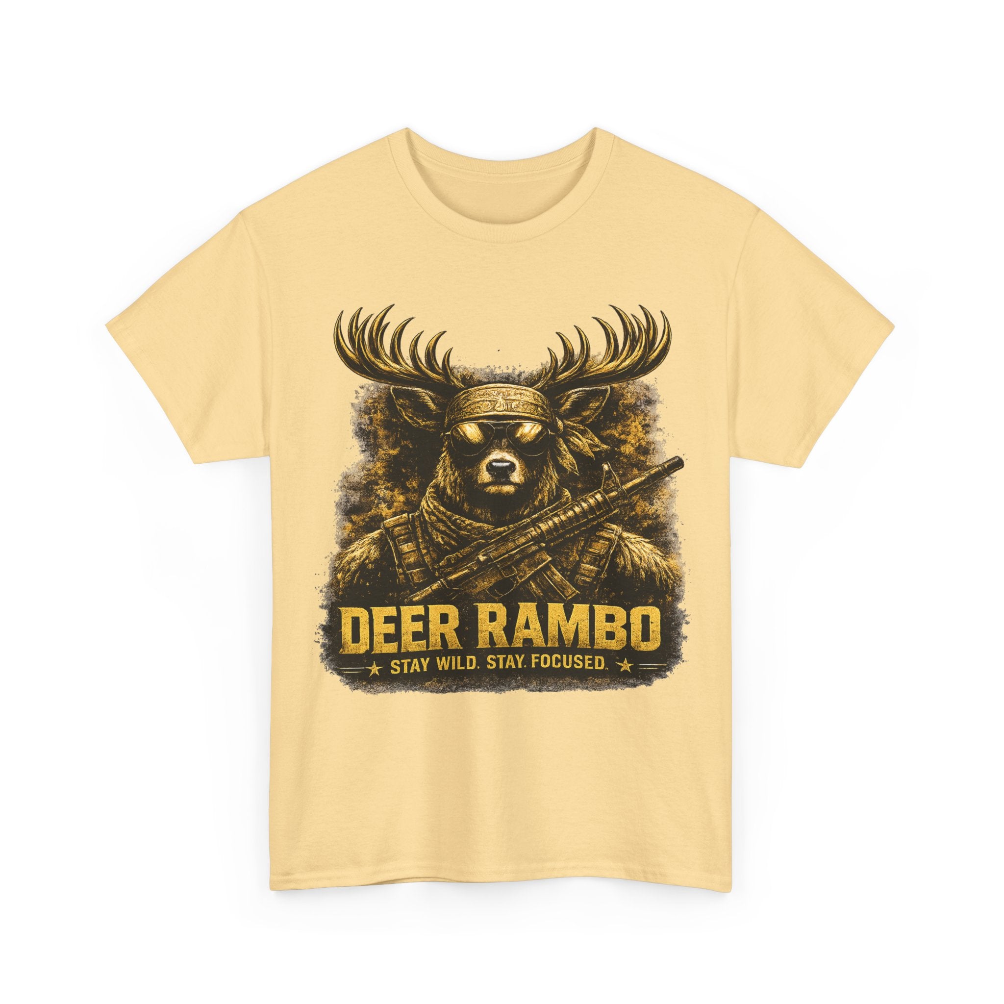 Deer Rambo Tee — 'Stay Wild, Stay Focused' Hunting Graphic T-Shirt