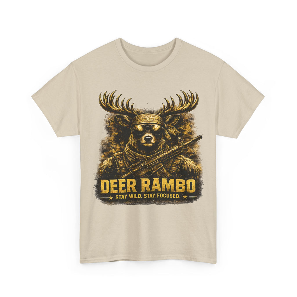 Deer Rambo Tee — 'Stay Wild, Stay Focused' Hunting Graphic T-Shirt