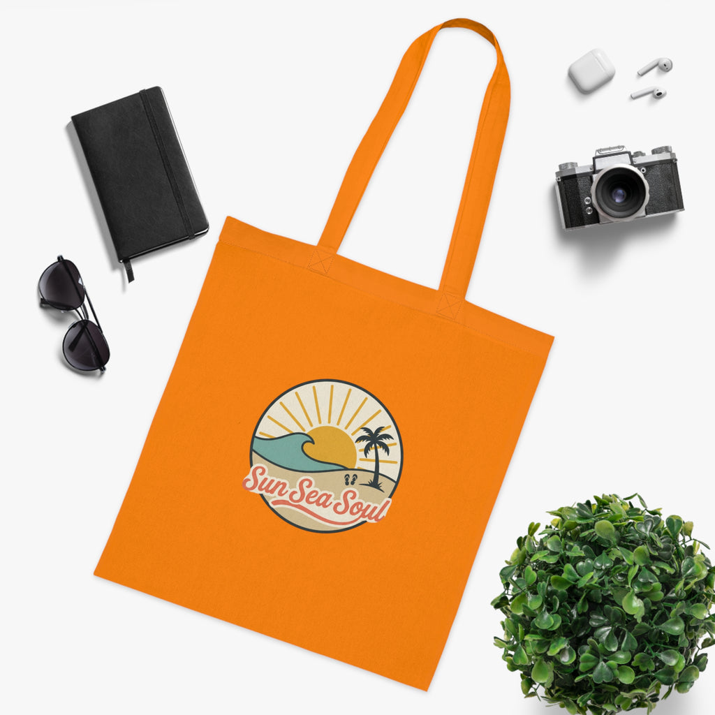Sun Sea Soul Cotton Tote — Retro Beach Sunrise Tote Bag