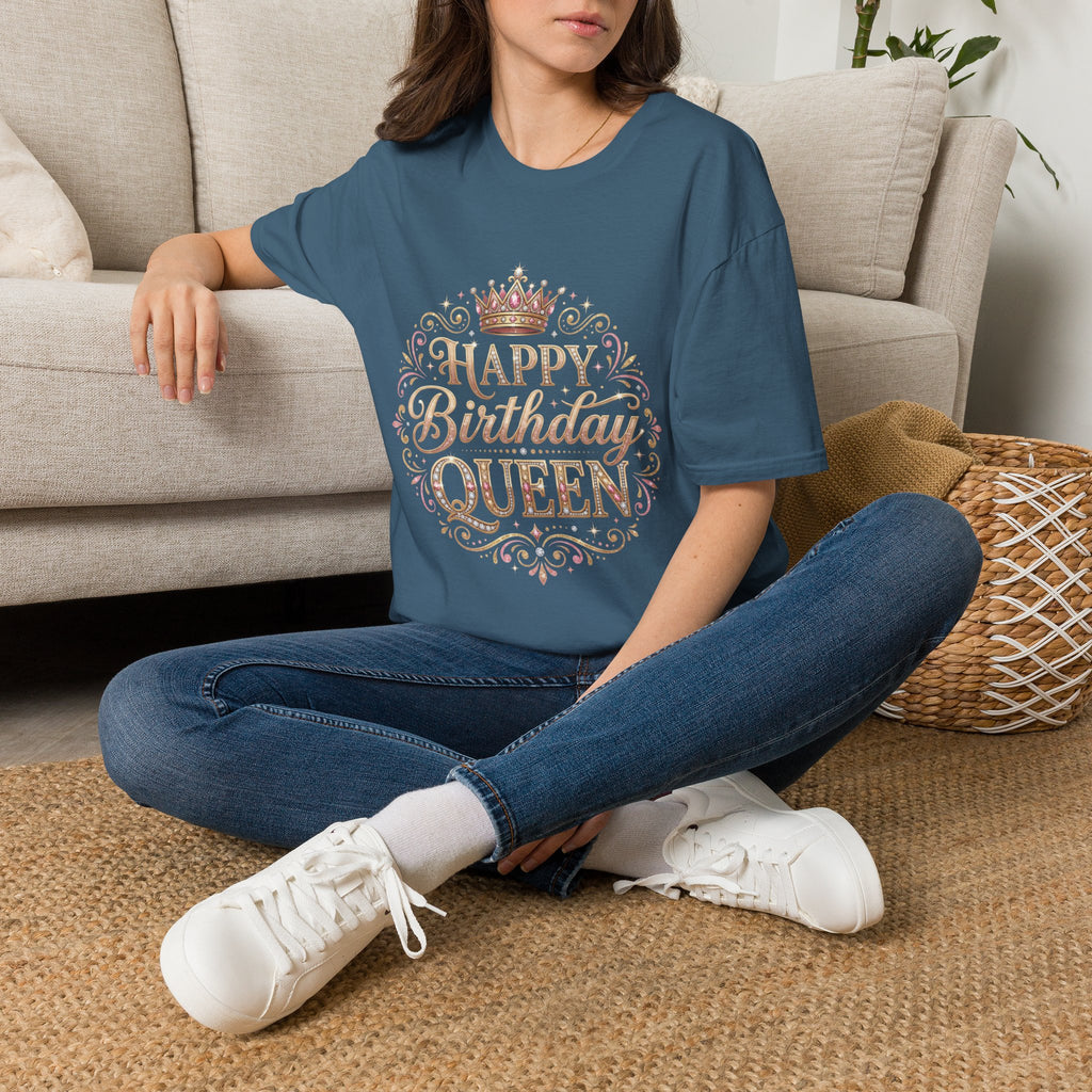 Happy Birthday Queen T-Shirt — Decorative Crown Birthday Tee for Women