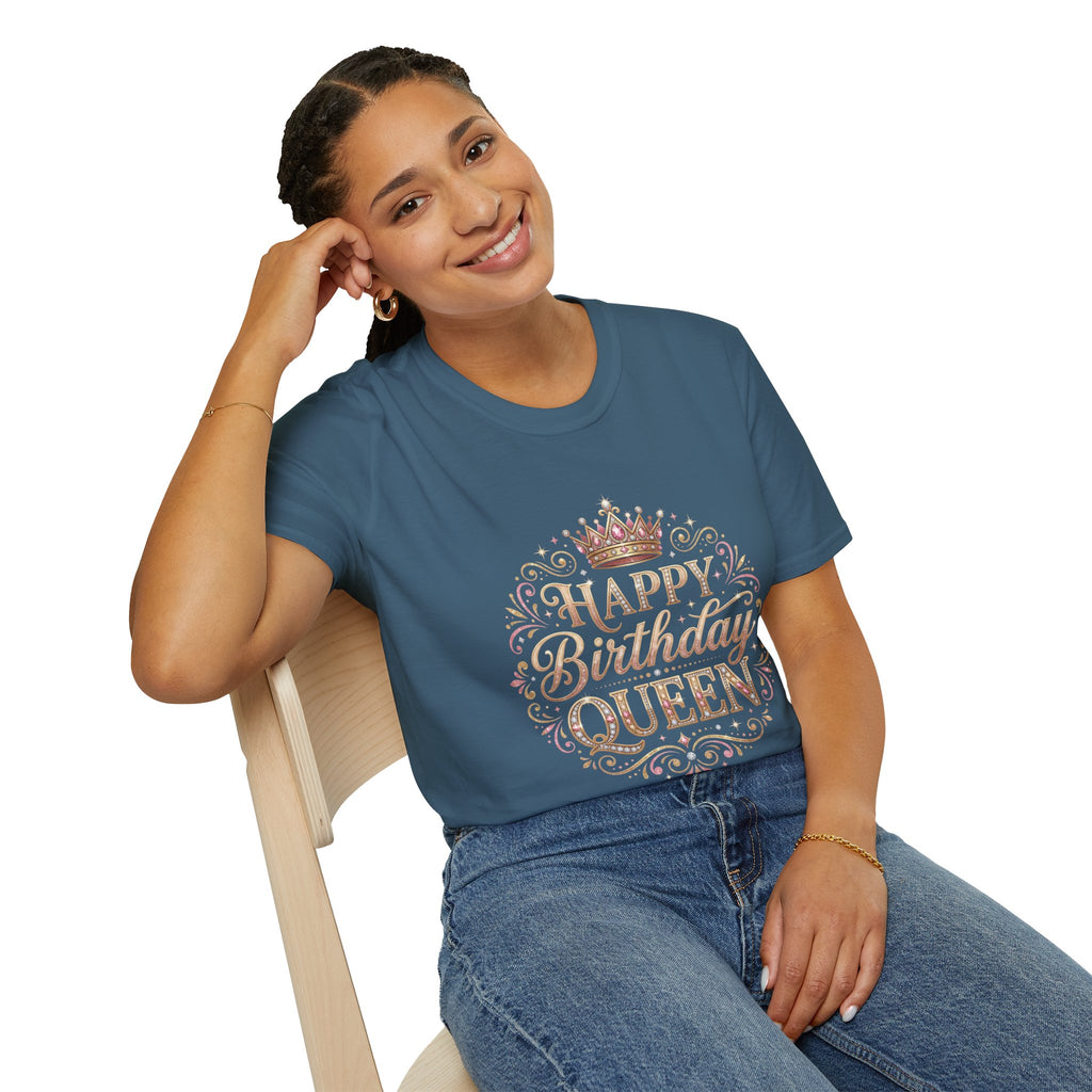 Happy Birthday Queen T-Shirt — Decorative Crown Birthday Tee for Women