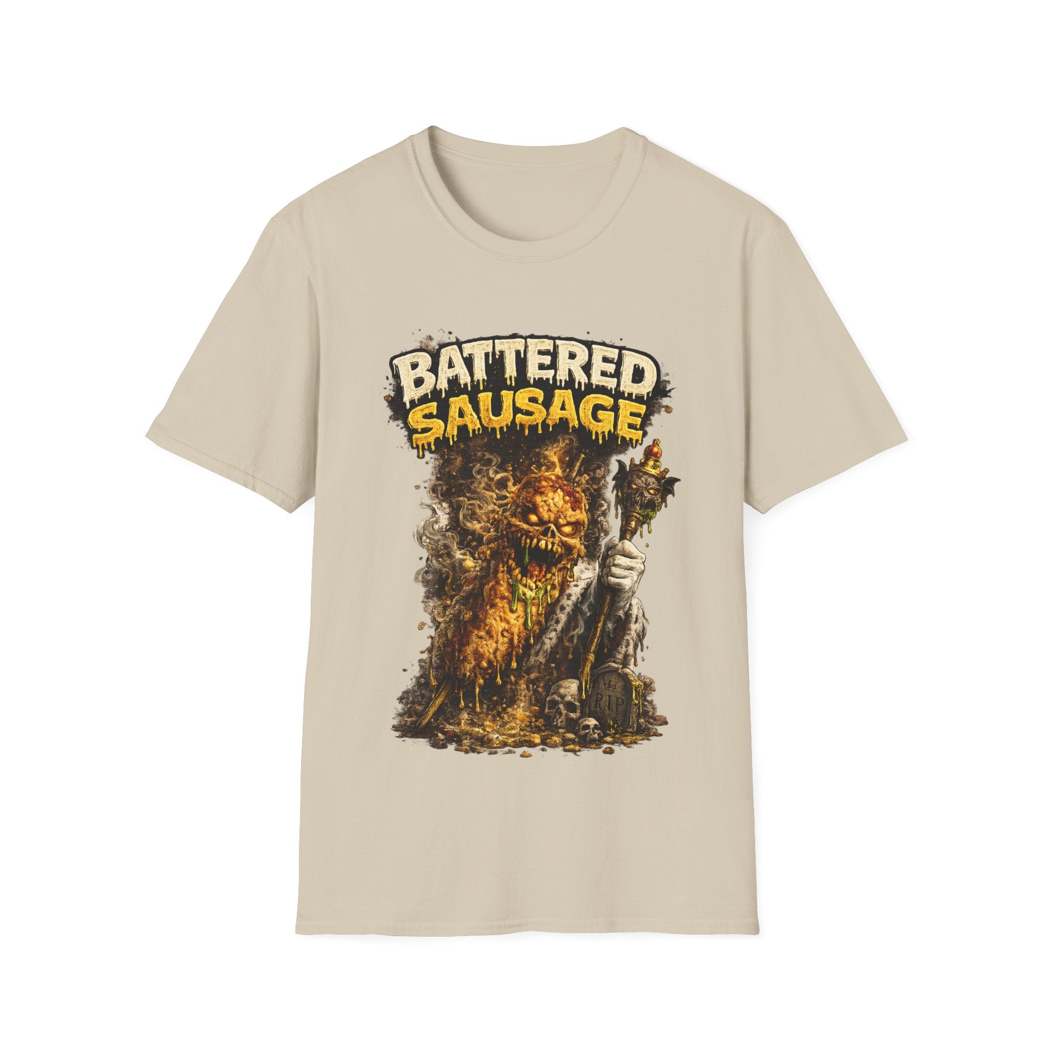 Battered Sausage Graphic T‑Shirt — Flaming Horror Band Tee