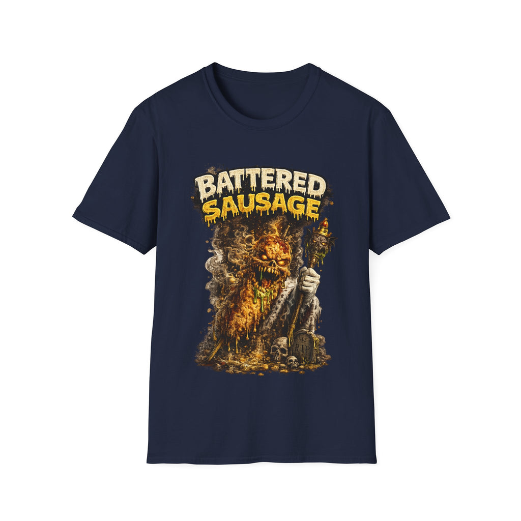 Battered Sausage Graphic T‑Shirt — Flaming Horror Band Tee