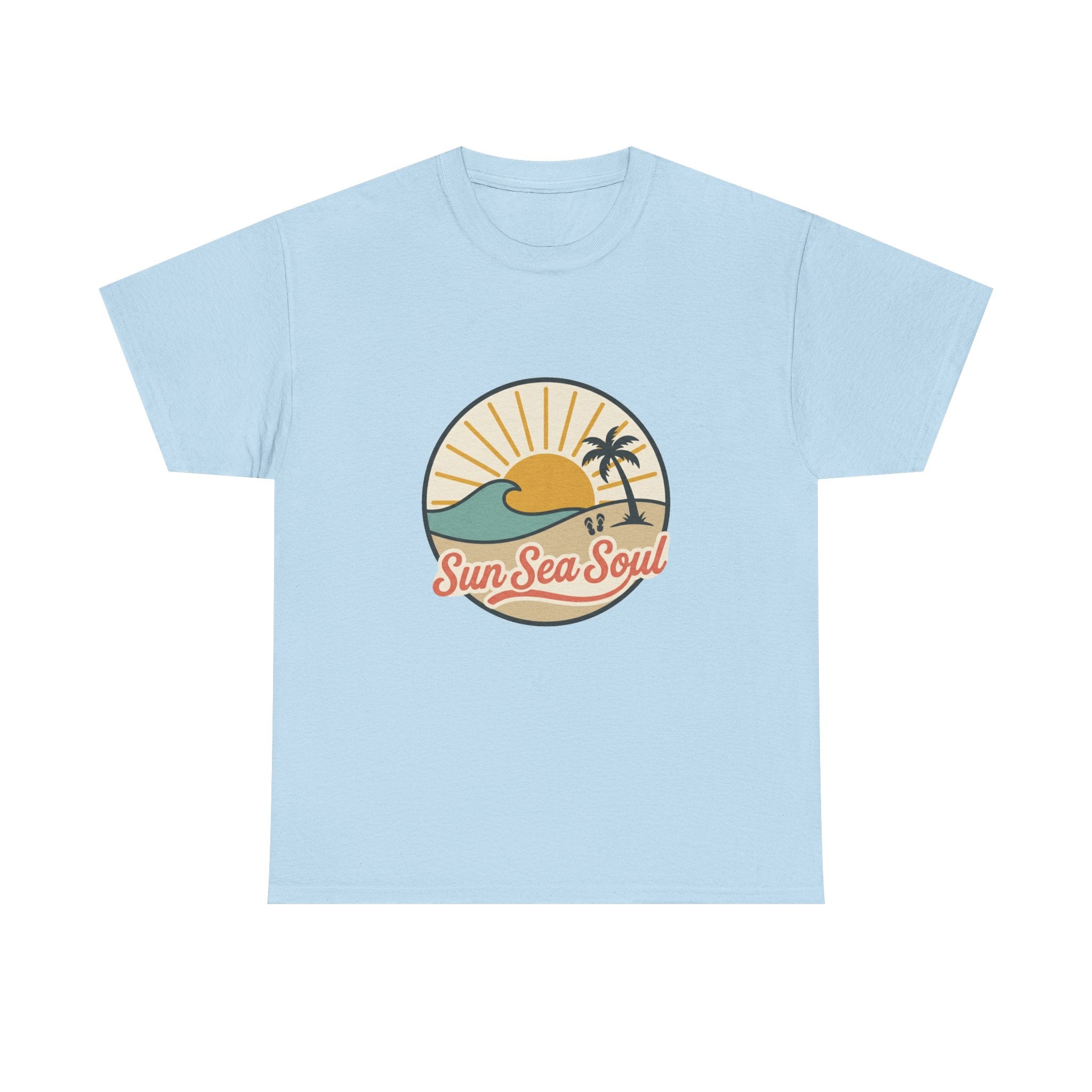 Sun Sea Soul Beach T-Shirt — Retro Sunset Palm Tee