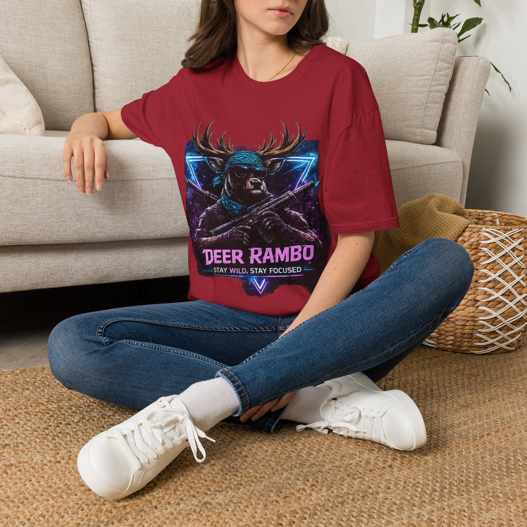 Deer Rambo Graphic T-Shirt — Neon Retro Buck Hunting Tee